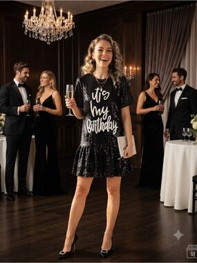 Black Sequin "It's My Birthday"Party Dress Sz Xl